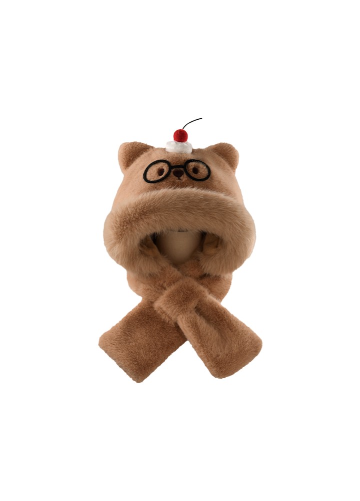Plush Hooded Scarf with Bear Design Plush Hooded Scarf with Bear Design