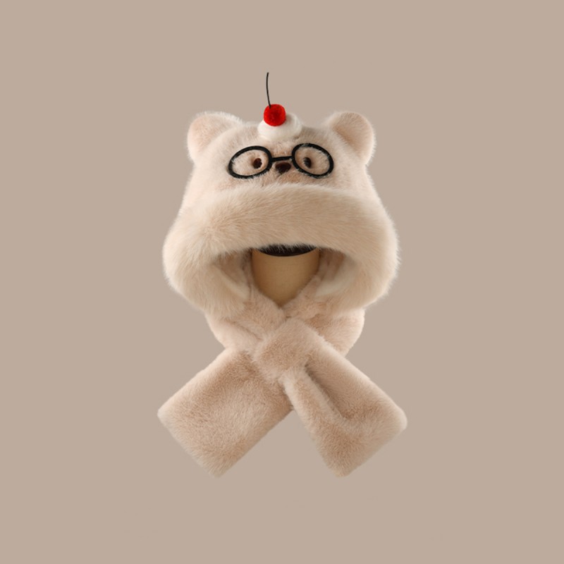 Plush Hooded Scarf with Bear Design Plush Hooded Scarf with Bear Design