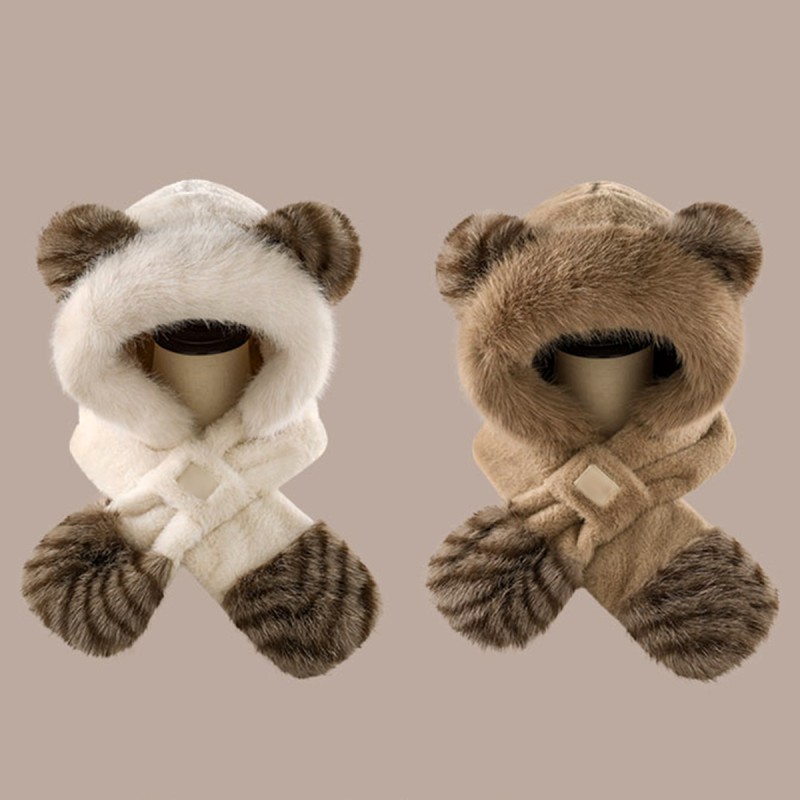 Plush Bear Ear Hat and Scarf Combination