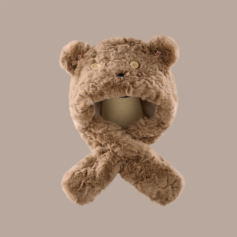 Solid Color Plush Bear Hat and Scarf Set